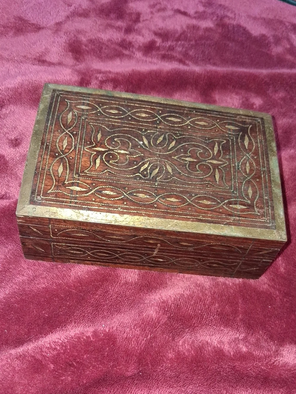 Vintage Hand-Carved Wooden Jewelry Box in Brown with Gold Trim And Brass Inlays